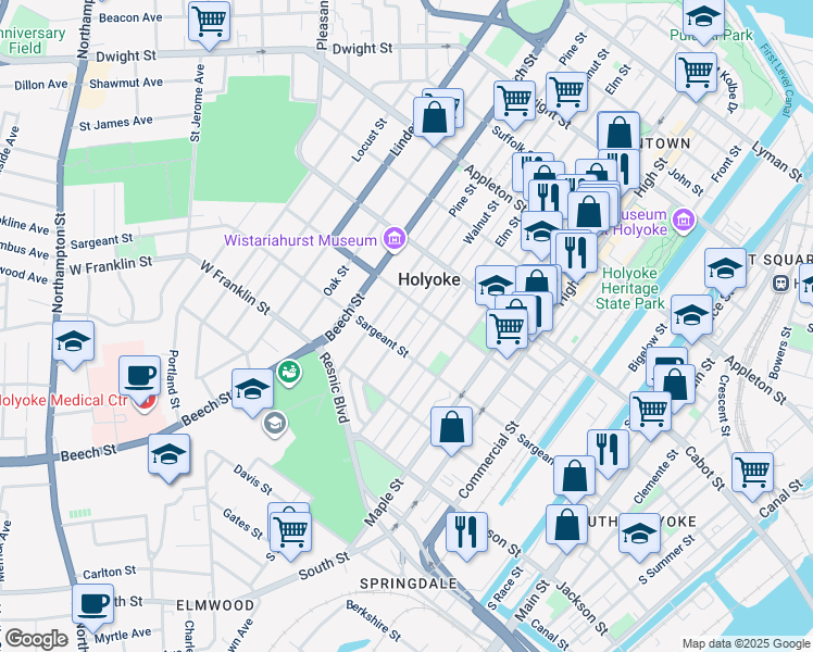 map of restaurants, bars, coffee shops, grocery stores, and more near 291 Elm Street in Holyoke