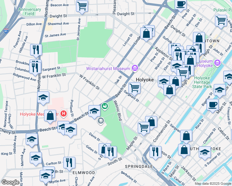 map of restaurants, bars, coffee shops, grocery stores, and more near 329 Beech Street in Holyoke