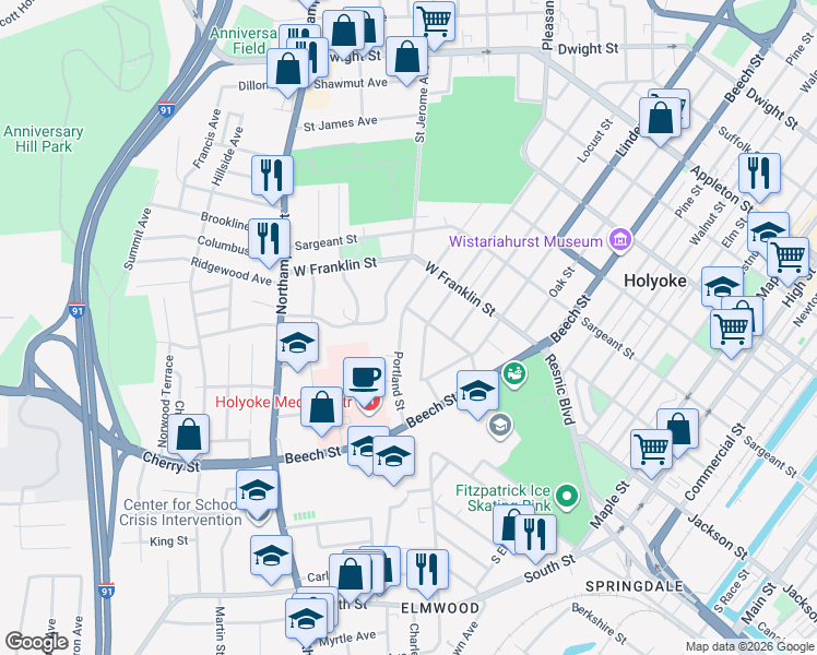 map of restaurants, bars, coffee shops, grocery stores, and more near 163 Sycamore Street in Holyoke