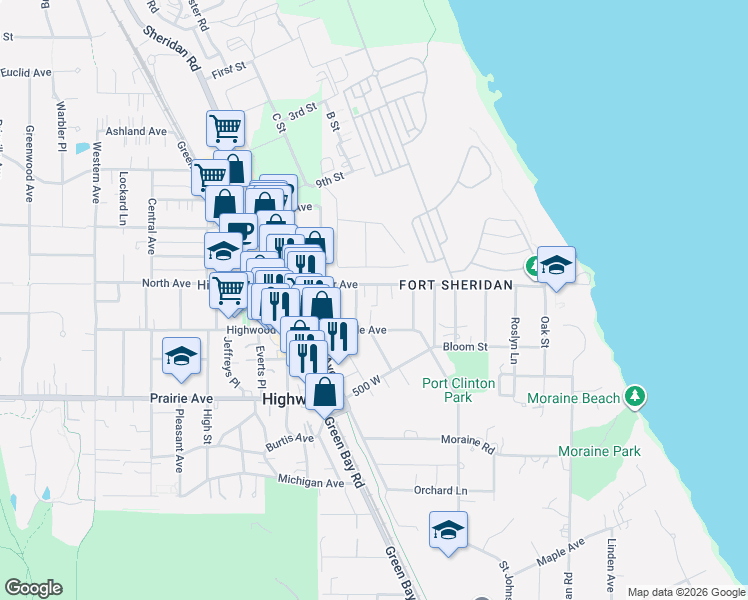 map of restaurants, bars, coffee shops, grocery stores, and more near 345 Temple Avenue in Highland Park