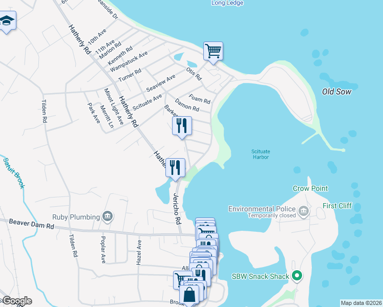 map of restaurants, bars, coffee shops, grocery stores, and more near 10 Barker Road in Scituate
