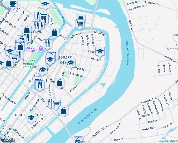 map of restaurants, bars, coffee shops, grocery stores, and more near 110 North Bridge Street in Holyoke