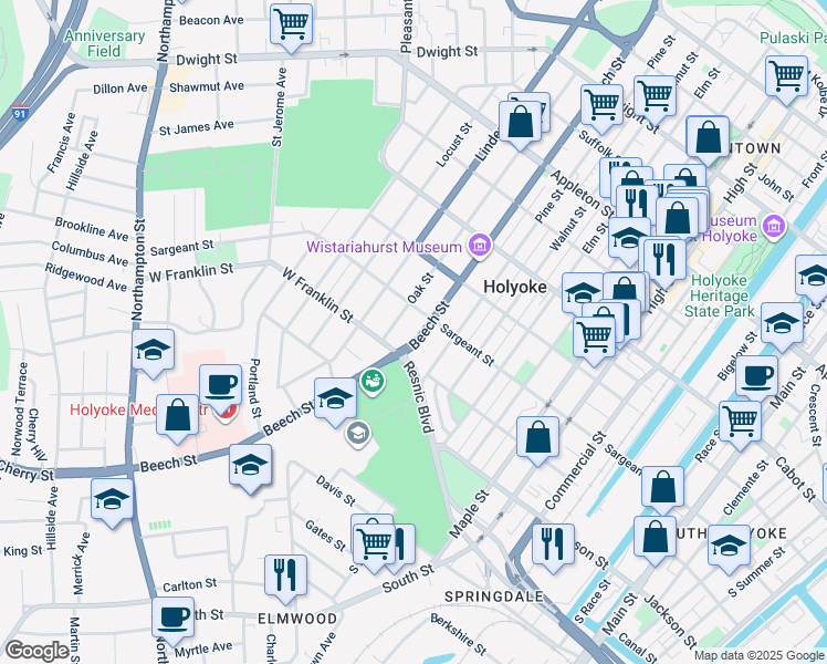map of restaurants, bars, coffee shops, grocery stores, and more near 329 Beech Street in Holyoke