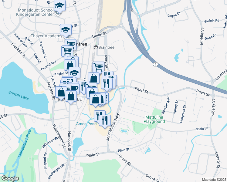 map of restaurants, bars, coffee shops, grocery stores, and more near 165 Pearl St in Braintree