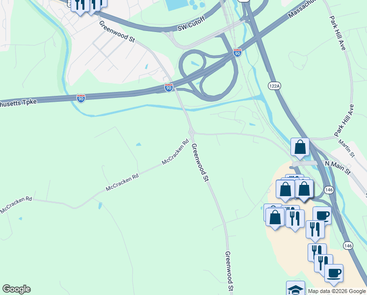 map of restaurants, bars, coffee shops, grocery stores, and more near 45 McCracken Road in Millbury