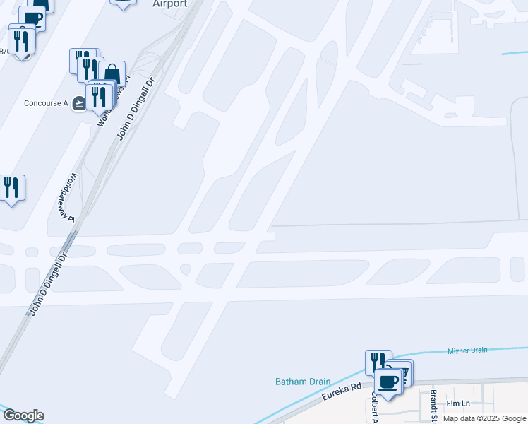 map of restaurants, bars, coffee shops, grocery stores, and more near 31398 Superior Road in Romulus