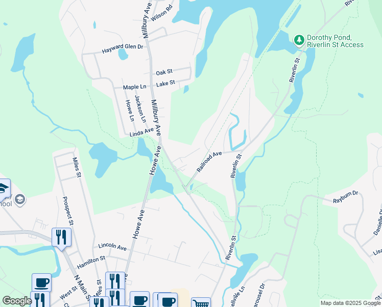 map of restaurants, bars, coffee shops, grocery stores, and more near 54A Millbury Avenue in Millbury
