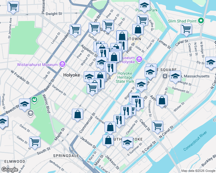 map of restaurants, bars, coffee shops, grocery stores, and more near 70 Nick Cosmos Way in Holyoke