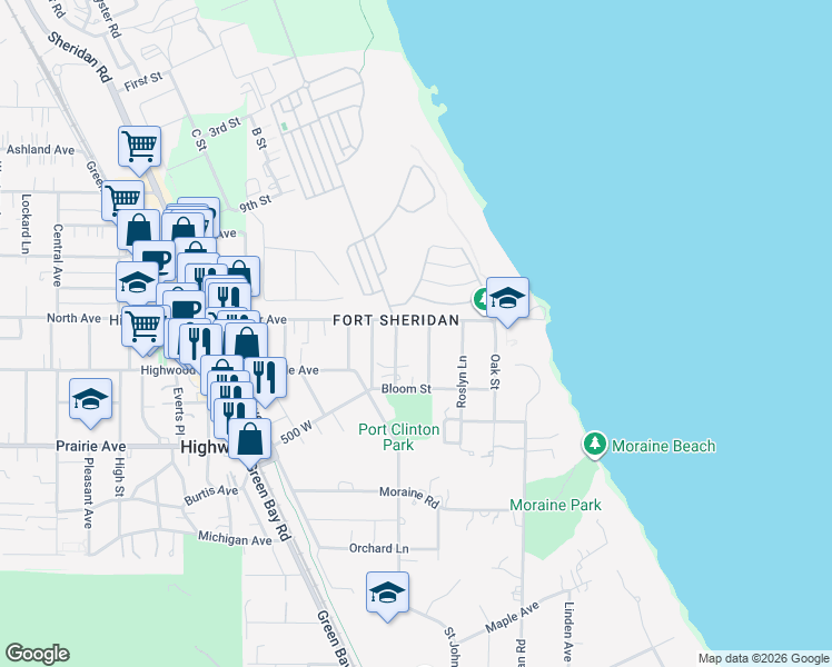 map of restaurants, bars, coffee shops, grocery stores, and more near 2749 Port Clinton Road in Highland Park