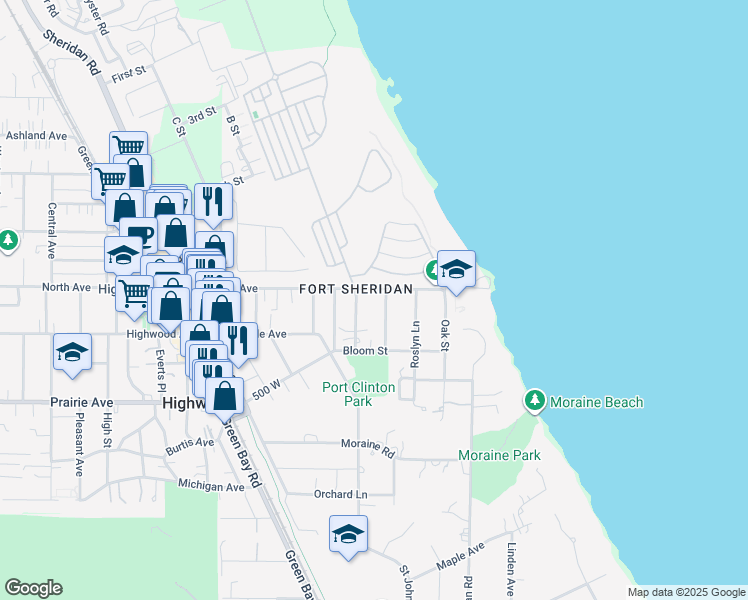 map of restaurants, bars, coffee shops, grocery stores, and more near 2749 Port Clinton Road in Highland Park