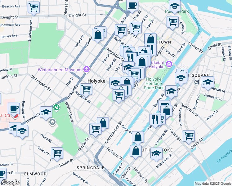 map of restaurants, bars, coffee shops, grocery stores, and more near 156 Cabot Street in Holyoke