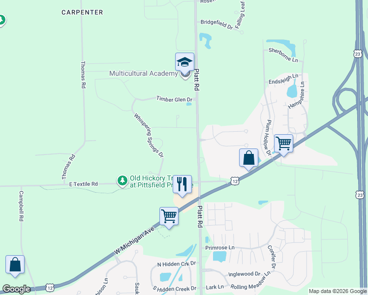 map of restaurants, bars, coffee shops, grocery stores, and more near 5980 Platt Road in Ann Arbor