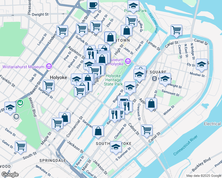 map of restaurants, bars, coffee shops, grocery stores, and more near 216 Appleton Street in Holyoke