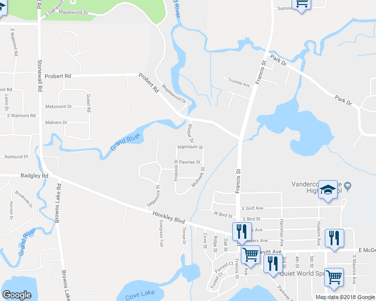 map of restaurants, bars, coffee shops, grocery stores, and more near 615 Algonquin Street in Jackson