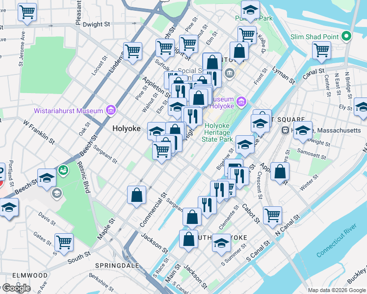 map of restaurants, bars, coffee shops, grocery stores, and more near 490 High Street in Holyoke