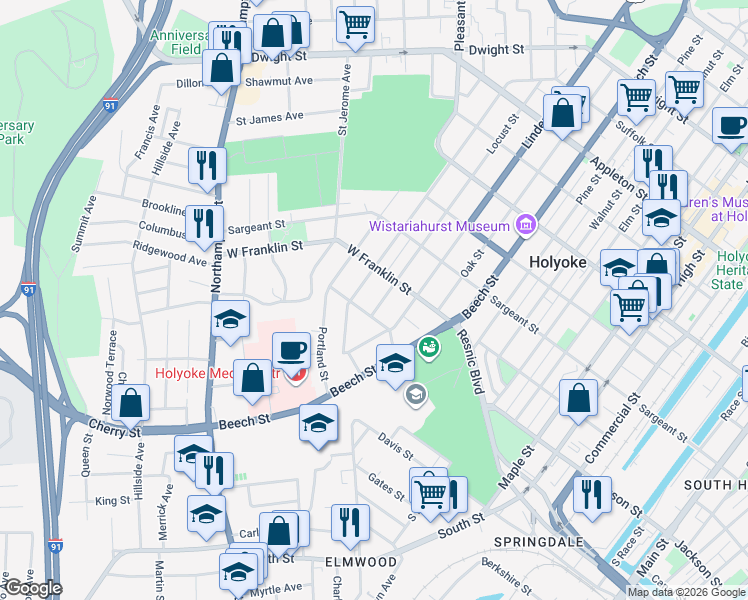 map of restaurants, bars, coffee shops, grocery stores, and more near 260 Locust Street in Holyoke