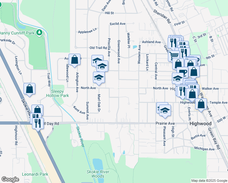 map of restaurants, bars, coffee shops, grocery stores, and more near 945 North Avenue in Highland Park