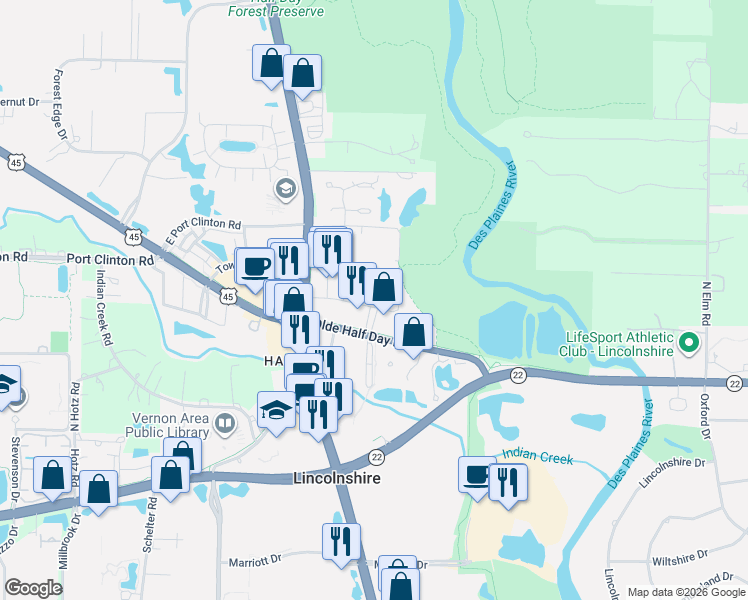 map of restaurants, bars, coffee shops, grocery stores, and more near 100 Village Green in Lincolnshire