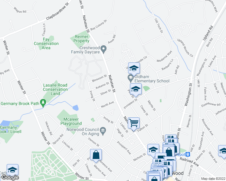 map of restaurants, bars, coffee shops, grocery stores, and more near 462 Nahatan Street in Norwood