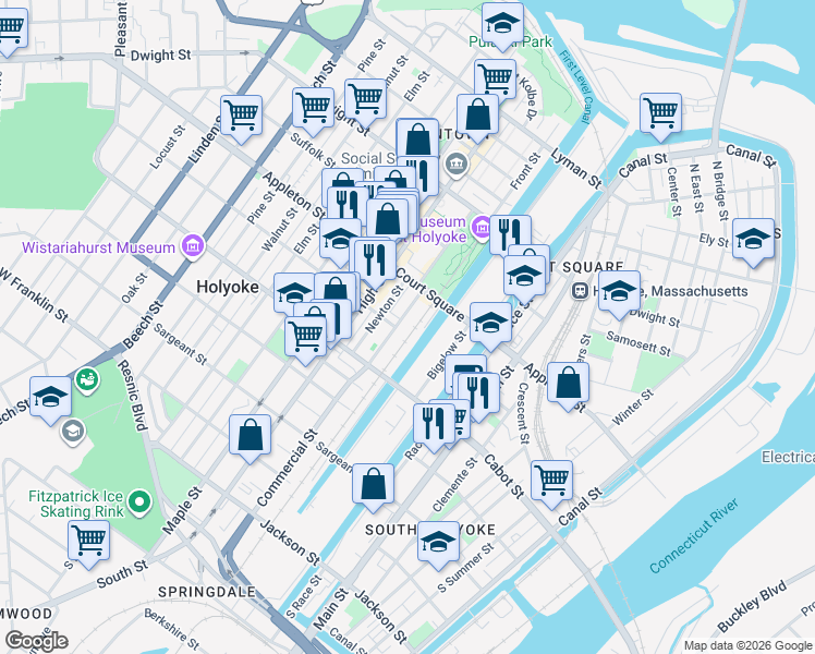 map of restaurants, bars, coffee shops, grocery stores, and more near 130 Appleton St in Holyoke