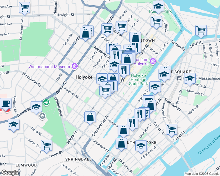 map of restaurants, bars, coffee shops, grocery stores, and more near 518 High Street in Holyoke
