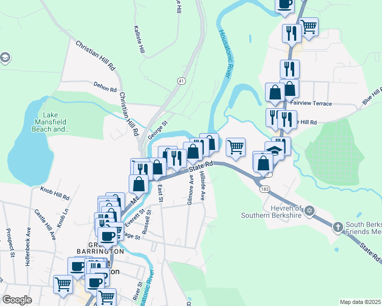 map of restaurants, bars, coffee shops, grocery stores, and more near 16-98 Mechanic Street in Great Barrington