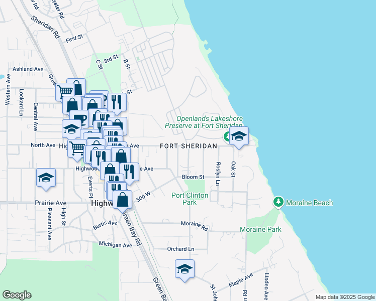 map of restaurants, bars, coffee shops, grocery stores, and more near 2754 Fort Sheridan Avenue in Highland Park