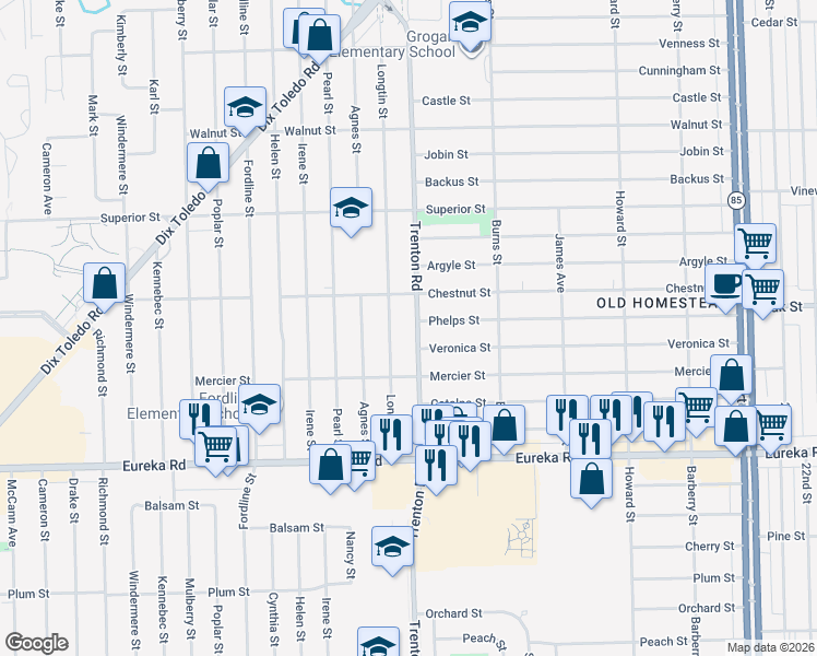 map of restaurants, bars, coffee shops, grocery stores, and more near 14521 Trenton Road in Southgate