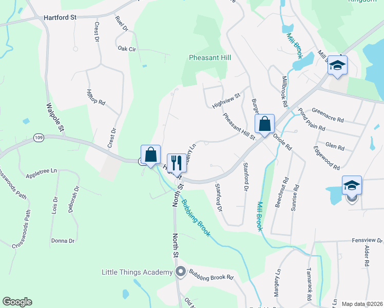 map of restaurants, bars, coffee shops, grocery stores, and more near 25 Blueberry Lane in Westwood