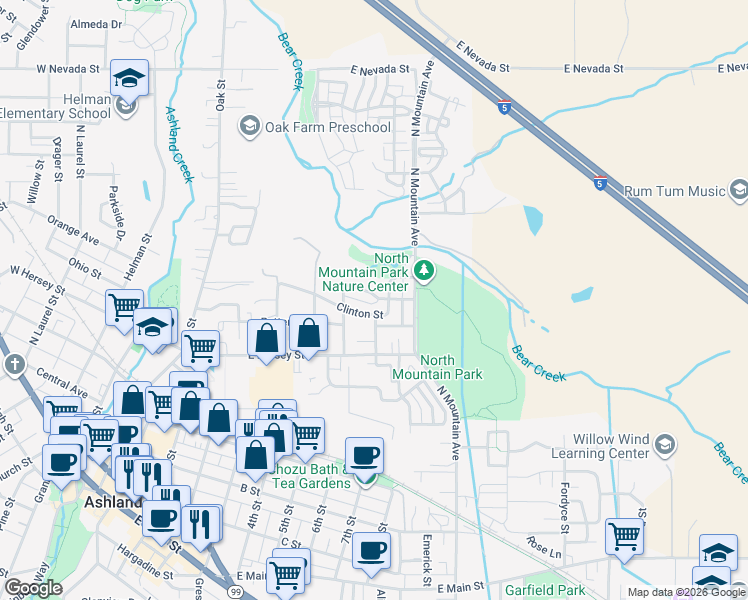 map of restaurants, bars, coffee shops, grocery stores, and more near 426 Clinton Street in Ashland