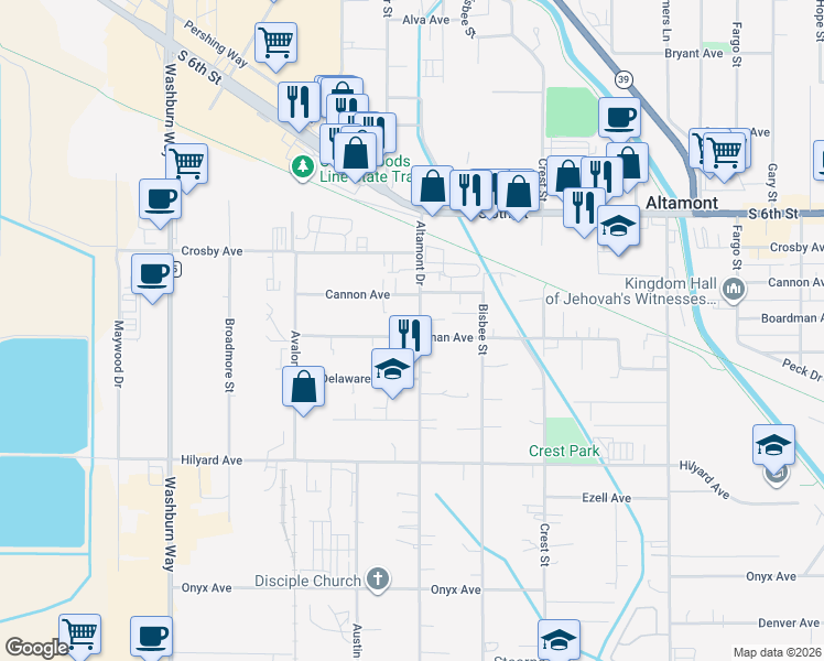 map of restaurants, bars, coffee shops, grocery stores, and more near 2660 Altamont Drive in Klamath Falls