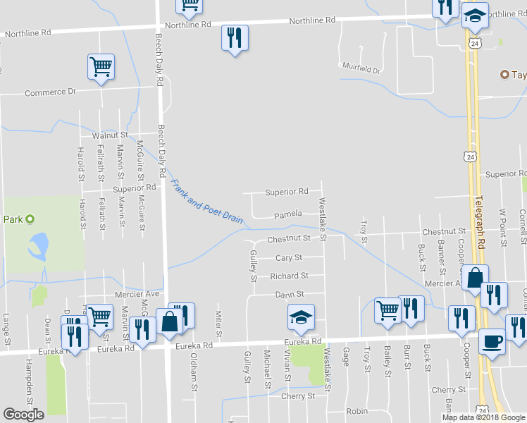 map of restaurants, bars, coffee shops, grocery stores, and more near 25180 Pamela in Taylor