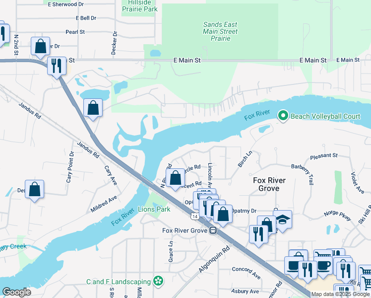 map of restaurants, bars, coffee shops, grocery stores, and more near 220 North River Road in Fox River Grove