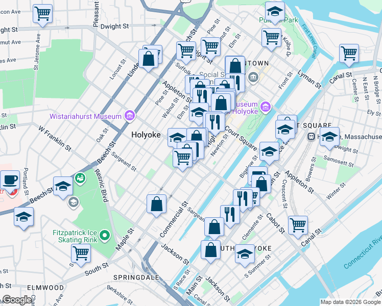 map of restaurants, bars, coffee shops, grocery stores, and more near 518 High Street in Holyoke