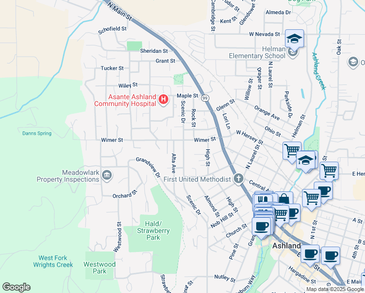 map of restaurants, bars, coffee shops, grocery stores, and more near 359 Scenic Drive in Ashland