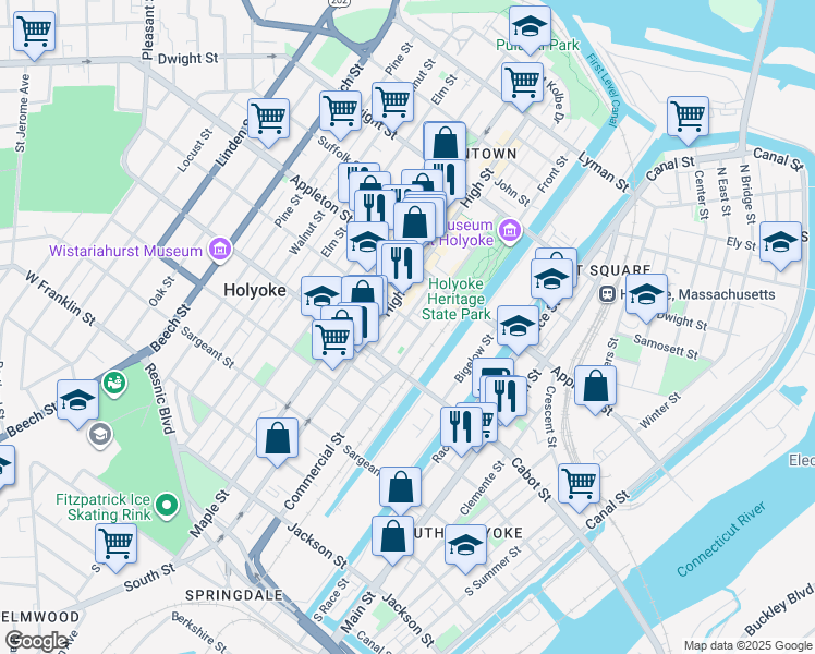 map of restaurants, bars, coffee shops, grocery stores, and more near 74-76 Newton Street in Holyoke