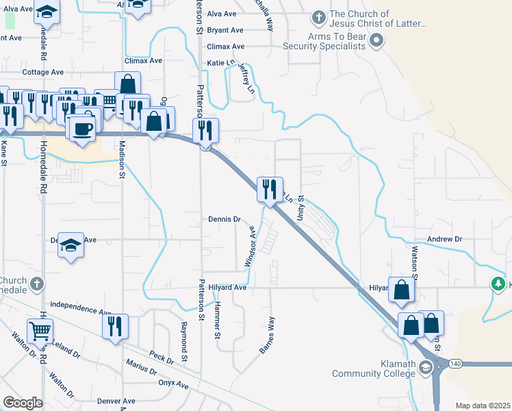 map of restaurants, bars, coffee shops, grocery stores, and more near 2775 Windsor Avenue in Klamath Falls