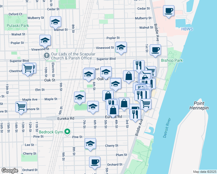 map of restaurants, bars, coffee shops, grocery stores, and more near 430 Maple Street in Wyandotte