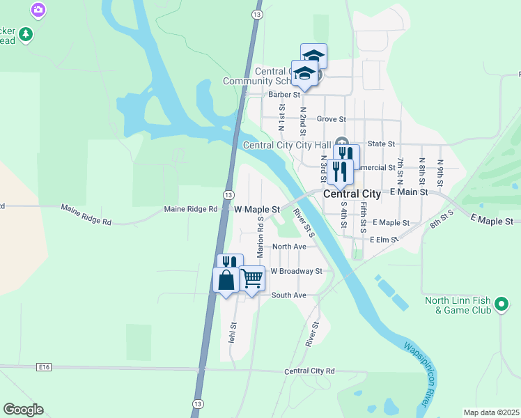 map of restaurants, bars, coffee shops, grocery stores, and more near 5 Marion Road South in Central City