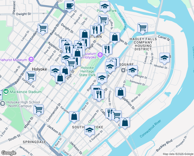 map of restaurants, bars, coffee shops, grocery stores, and more near Bigelow Street in Holyoke