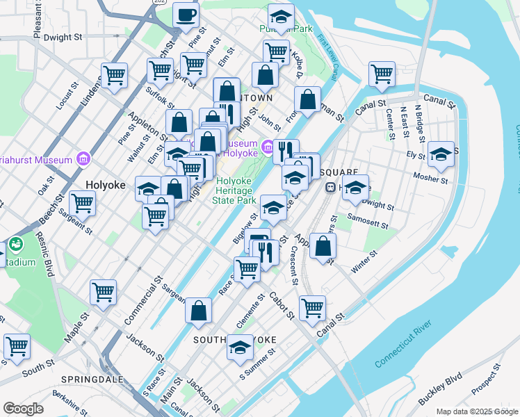 map of restaurants, bars, coffee shops, grocery stores, and more near Bigelow Street in Holyoke