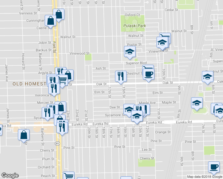 map of restaurants, bars, coffee shops, grocery stores, and more near 2941 17th Street in Wyandotte