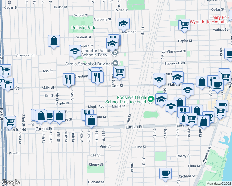 map of restaurants, bars, coffee shops, grocery stores, and more near 985 Elm Street in Wyandotte