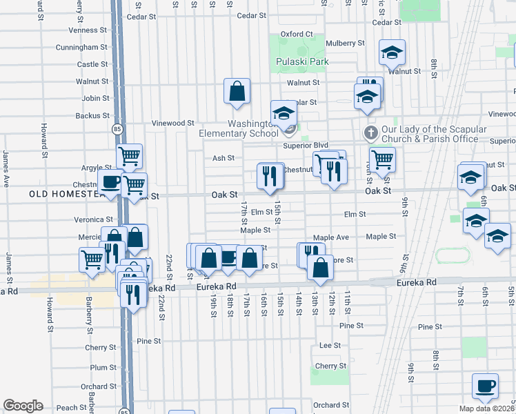 map of restaurants, bars, coffee shops, grocery stores, and more near 1550 Maple Street in Wyandotte