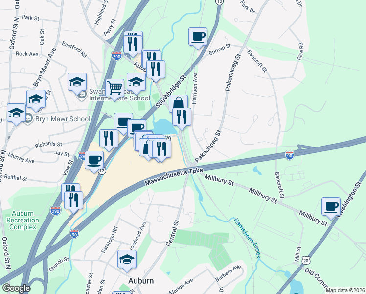 map of restaurants, bars, coffee shops, grocery stores, and more near 21 Auburn Street in Auburn