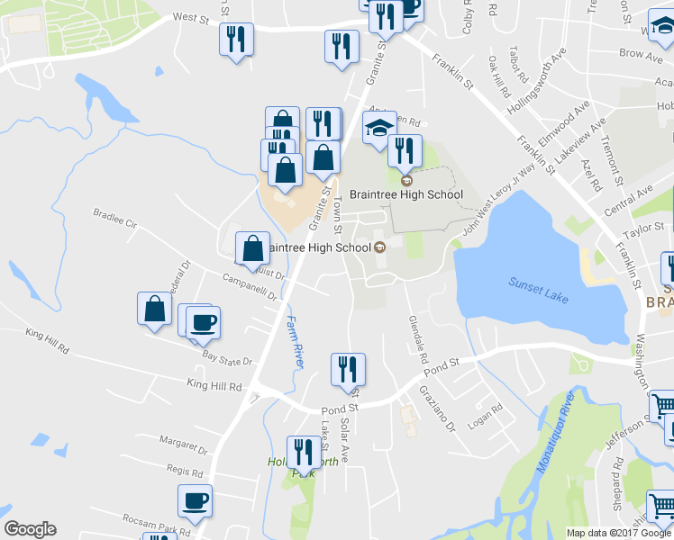 map of restaurants, bars, coffee shops, grocery stores, and more near 5 Cameo Road in Braintree