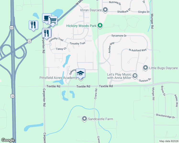 map of restaurants, bars, coffee shops, grocery stores, and more near 4418 Oakengates Drive in Ypsilanti