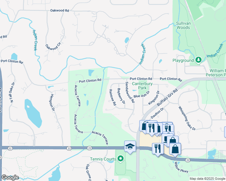 map of restaurants, bars, coffee shops, grocery stores, and more near 634 Raintree Road in Buffalo Grove