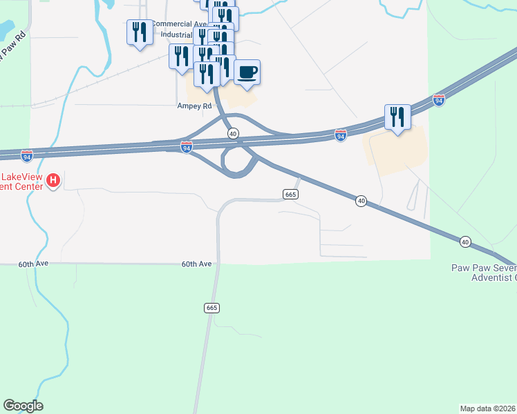 map of restaurants, bars, coffee shops, grocery stores, and more near 280 County Road 665 in Paw Paw