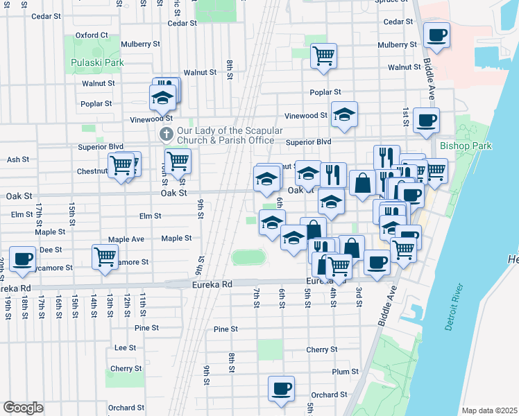 map of restaurants, bars, coffee shops, grocery stores, and more near 639 Oak Street in Wyandotte